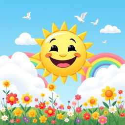 A cheerful and vibrant scene featuring a cartoonish sun with a wide, friendly smile, surrounded by fluffy white clouds and colorful rainbows