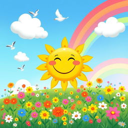 A cheerful and vibrant scene featuring a cartoonish sun with a wide, friendly smile, surrounded by fluffy white clouds and colorful rainbows
