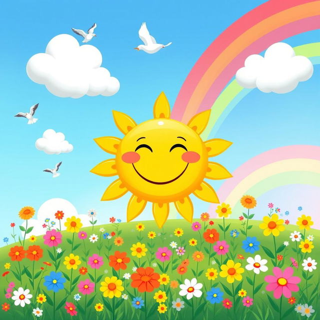 A cheerful and vibrant scene featuring a cartoonish sun with a wide, friendly smile, surrounded by fluffy white clouds and colorful rainbows