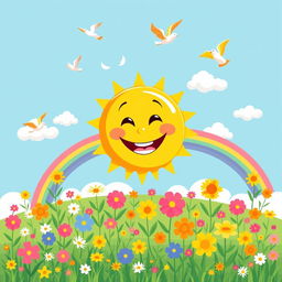A cheerful and vibrant scene featuring a cartoonish sun with a wide, friendly smile, surrounded by fluffy white clouds and colorful rainbows