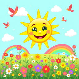 A cheerful and vibrant scene featuring a cartoonish sun with a wide, friendly smile, surrounded by fluffy white clouds and colorful rainbows