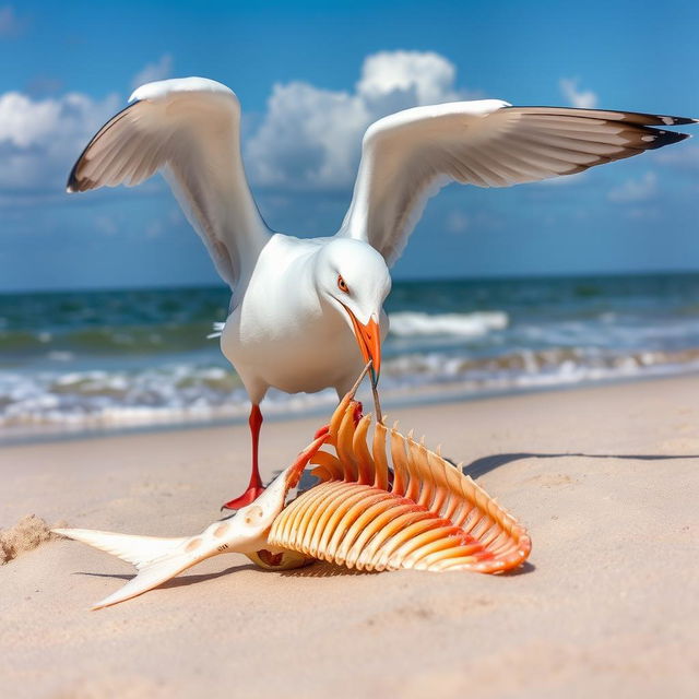 A seagull in mid-action, using its beak to cut through a fish skeleton on a sandy beach