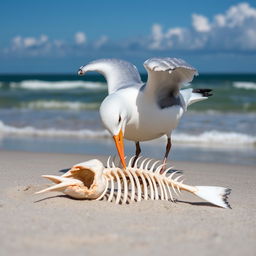 A seagull in mid-action, using its beak to cut through a fish skeleton on a sandy beach
