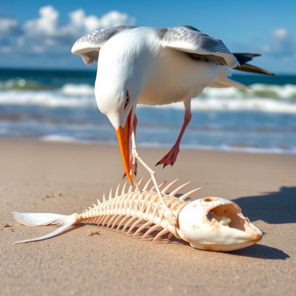 A seagull in mid-action, using its beak to cut through a fish skeleton on a sandy beach