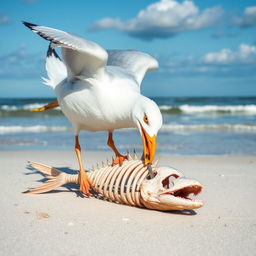 A seagull in mid-action, using its beak to cut through a fish skeleton on a sandy beach