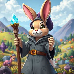 A whimsical and adventurous scene featuring a sorcerer rabbit character in a vibrant RPG video game world