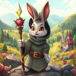A whimsical and adventurous scene featuring a sorcerer rabbit character in a vibrant RPG video game world