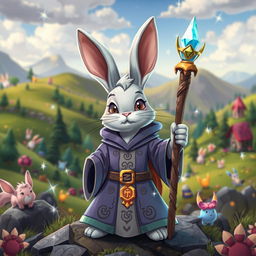 A whimsical and adventurous scene featuring a sorcerer rabbit character in a vibrant RPG video game world