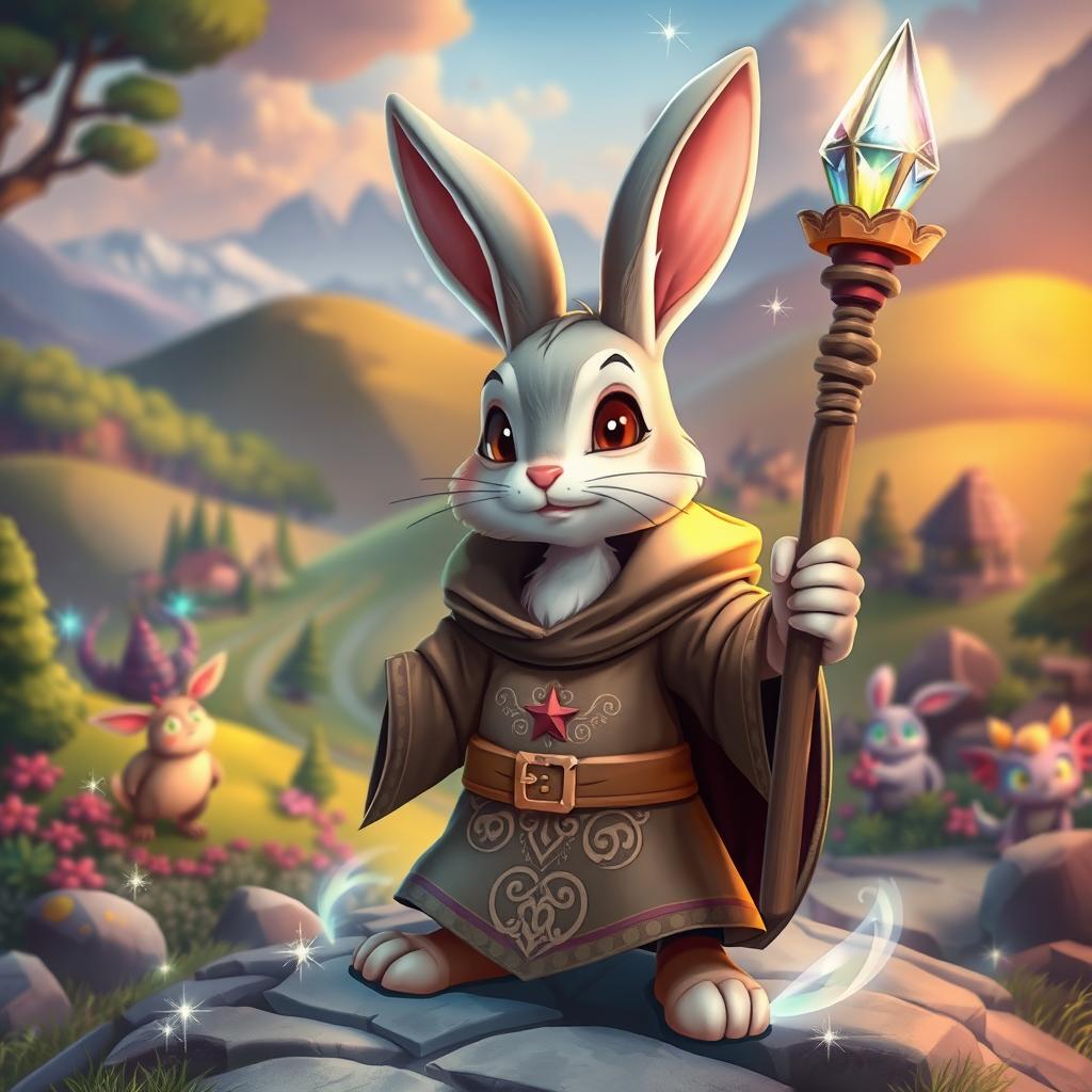 A whimsical and adventurous scene featuring a sorcerer rabbit character in a vibrant RPG video game world