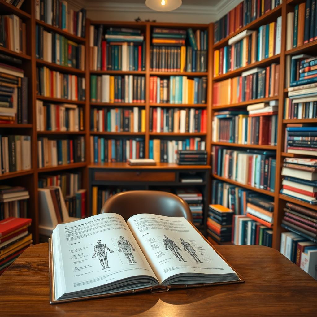 A beautifully arranged photo of a cozy library or study filled with numerous books specializing in medicine