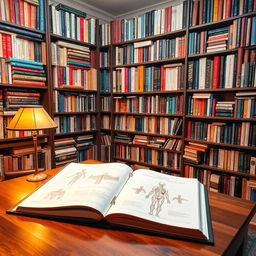 A beautifully arranged photo of a cozy library or study filled with numerous books specializing in medicine