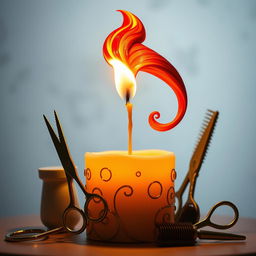 A whimsical and artistic representation of a candle with a flame that takes the shape of a stylish hairdresser or fashion stylist