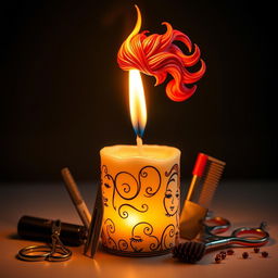 A whimsical and artistic representation of a candle with a flame that takes the shape of a stylish hairdresser or fashion stylist