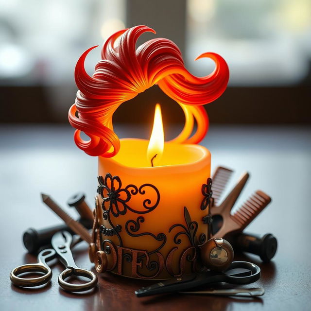 A whimsical and artistic representation of a candle with a flame that takes the shape of a stylish hairdresser or fashion stylist