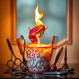 A whimsical and artistic representation of a candle with a flame that takes the shape of a stylish hairdresser or fashion stylist