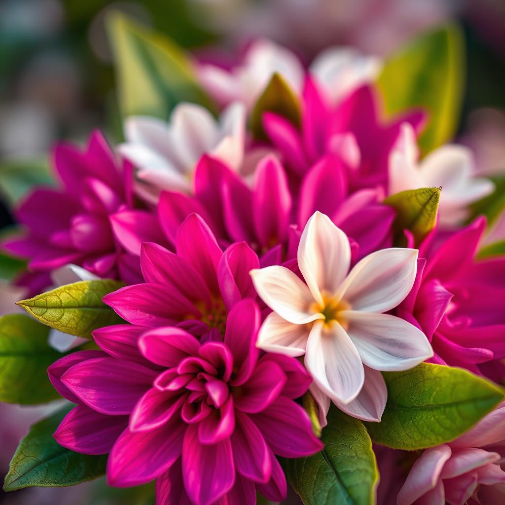 A close-up of a beautiful abstract floral design, featuring an intricate pattern of vibrant petals in various shades of pink, purple, and white, with soft green leaves surrounding them