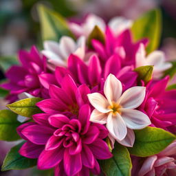A close-up of a beautiful abstract floral design, featuring an intricate pattern of vibrant petals in various shades of pink, purple, and white, with soft green leaves surrounding them