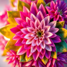 A close-up of a beautiful abstract floral design, featuring an intricate pattern of vibrant petals in various shades of pink, purple, and white, with soft green leaves surrounding them