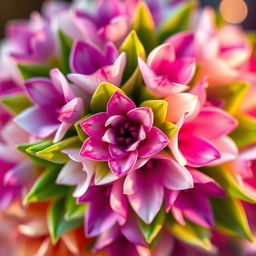 A close-up of a beautiful abstract floral design, featuring an intricate pattern of vibrant petals in various shades of pink, purple, and white, with soft green leaves surrounding them