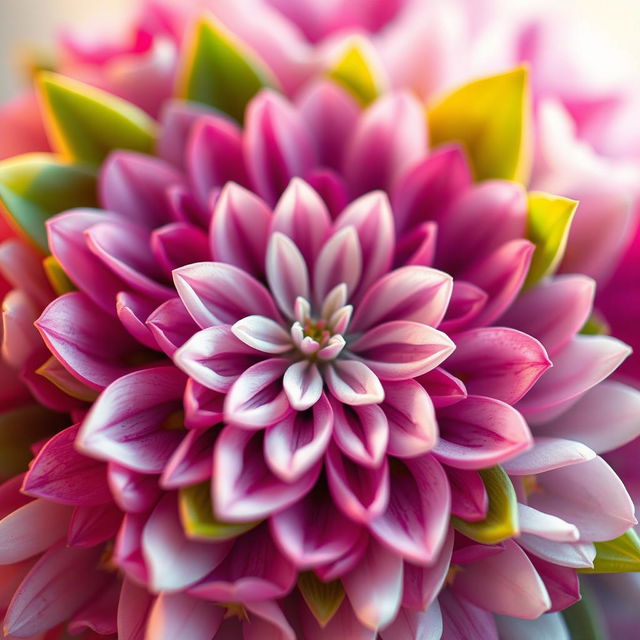 A close-up of a beautiful abstract floral design, featuring an intricate pattern of vibrant petals in various shades of pink, purple, and white, with soft green leaves surrounding them