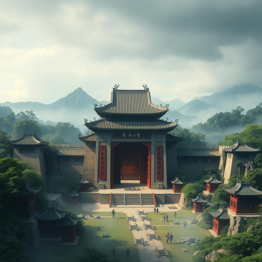 An artistic representation of the tomb of Qin Shi Huang, featuring an ancient Chinese architectural style