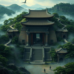 An artistic representation of the tomb of Qin Shi Huang, featuring an ancient Chinese architectural style