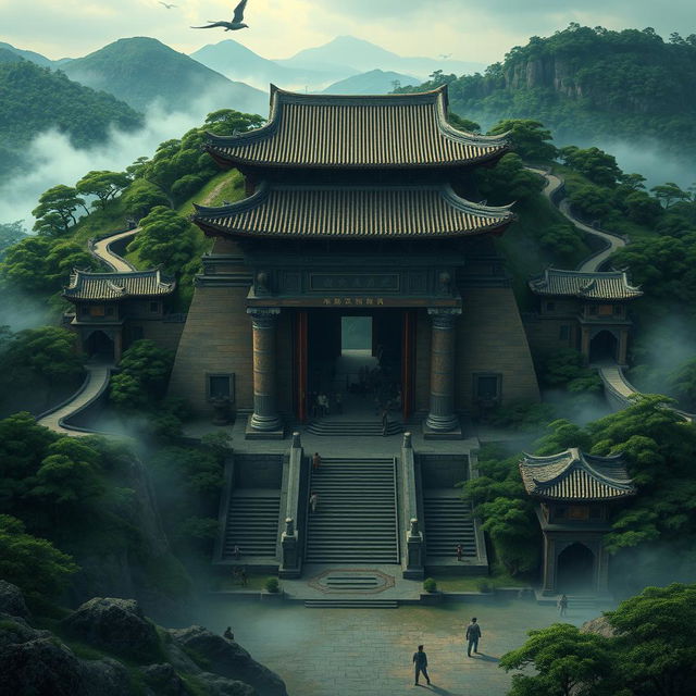 An artistic representation of the tomb of Qin Shi Huang, featuring an ancient Chinese architectural style