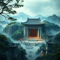 An artistic representation of the tomb of Qin Shi Huang, featuring an ancient Chinese architectural style