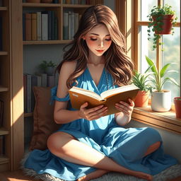 A young woman with flowing hair sits in a cozy reading nook, deeply engrossed in a book