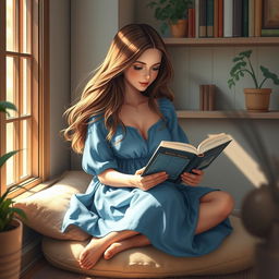 A young woman with flowing hair sits in a cozy reading nook, deeply engrossed in a book