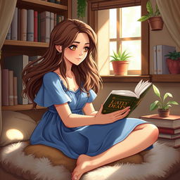 A young woman with flowing hair sits in a cozy reading nook, deeply engrossed in a book