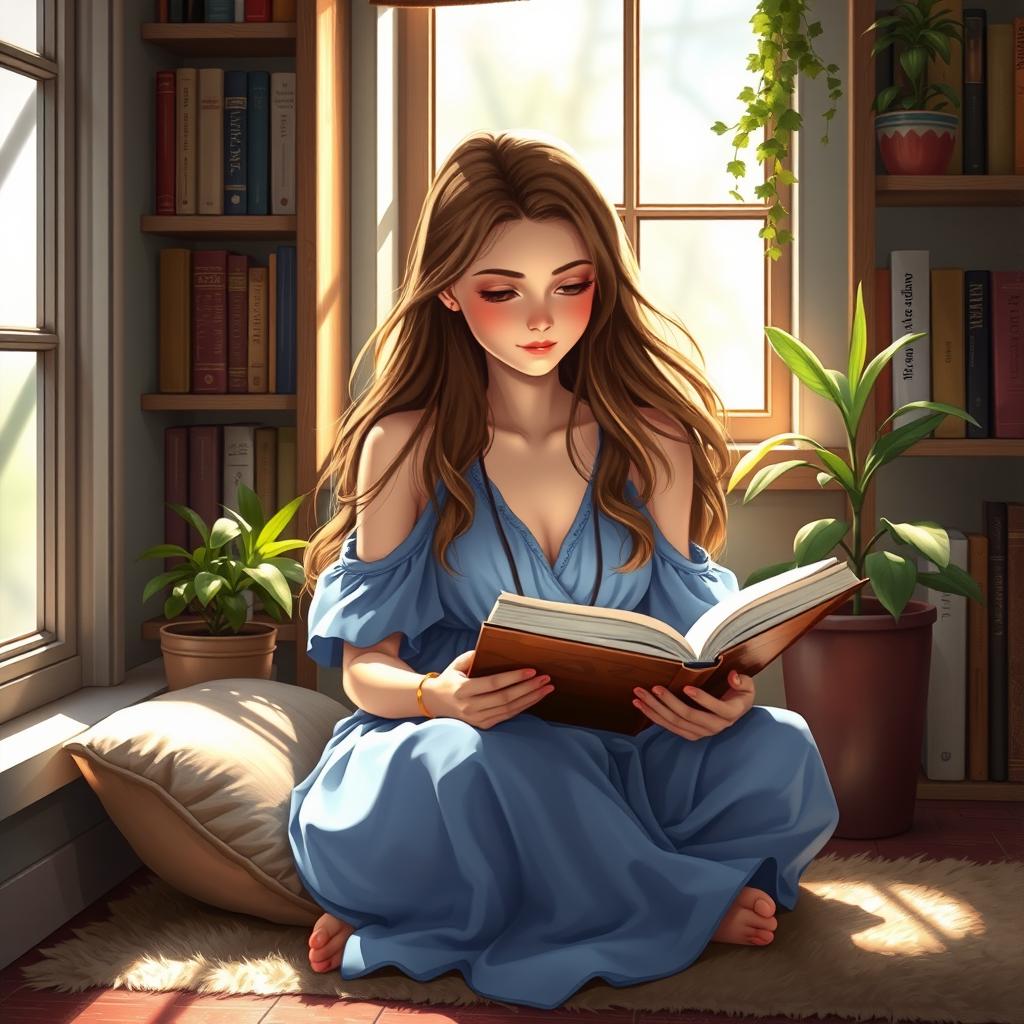 A young woman with flowing hair sits in a cozy reading nook, deeply engrossed in a book