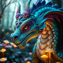 A stunning dragon with intricate and vibrant makeup, showcasing brilliant colors like teal, purple, and gold