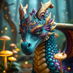 A stunning dragon with intricate and vibrant makeup, showcasing brilliant colors like teal, purple, and gold