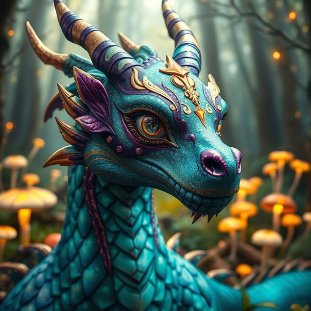 A stunning dragon with intricate and vibrant makeup, showcasing brilliant colors like teal, purple, and gold
