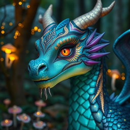 A stunning dragon with intricate and vibrant makeup, showcasing brilliant colors like teal, purple, and gold
