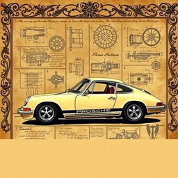 A classic Porsche 911 depicted in the style of Leonardo da Vinci, featuring intricate mechanical details and sketches typical of Renaissance art
