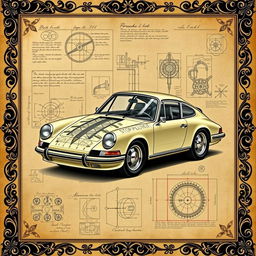 A classic Porsche 911 depicted in the style of Leonardo da Vinci, featuring intricate mechanical details and sketches typical of Renaissance art