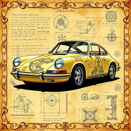 A classic Porsche 911 depicted in the style of Leonardo da Vinci, featuring intricate mechanical details and sketches typical of Renaissance art