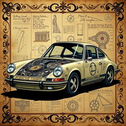 A classic Porsche 911 depicted in the style of Leonardo da Vinci, featuring intricate mechanical details and sketches typical of Renaissance art