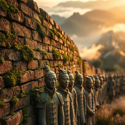 A stunning close-up shot capturing the textures of the Great Wall of China, with its ancient brickwork covered in lush green moss and creeping vines