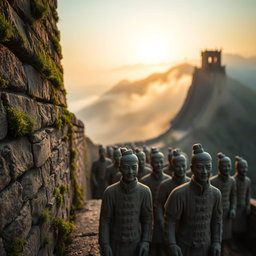 A stunning close-up shot capturing the textures of the Great Wall of China, with its ancient brickwork covered in lush green moss and creeping vines