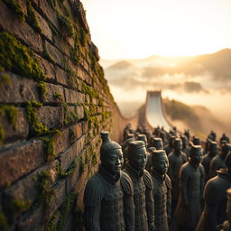 A stunning close-up shot capturing the textures of the Great Wall of China, with its ancient brickwork covered in lush green moss and creeping vines