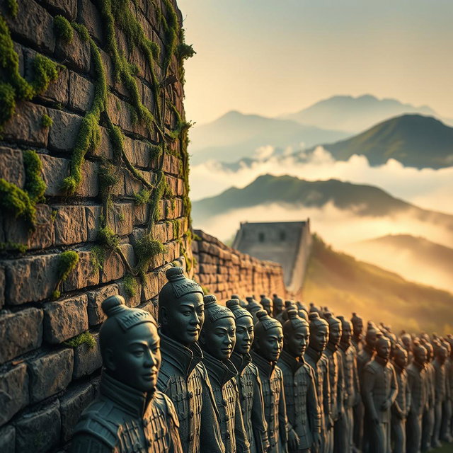 A stunning close-up shot capturing the textures of the Great Wall of China, with its ancient brickwork covered in lush green moss and creeping vines