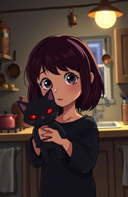 A 10-year-old girl with shoulder-length deep maroon hair, wearing a plain black pajama, holding a scary-looking black cat doll with red eyes