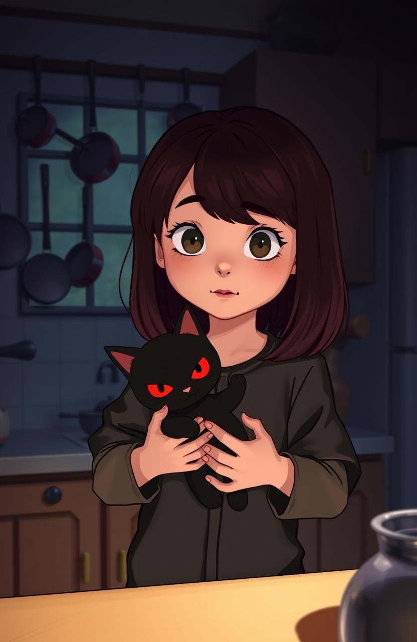 A 10-year-old girl with shoulder-length deep maroon hair, wearing a plain black pajama, holding a scary-looking black cat doll with red eyes