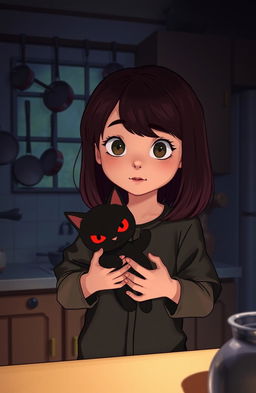 A 10-year-old girl with shoulder-length deep maroon hair, wearing a plain black pajama, holding a scary-looking black cat doll with red eyes