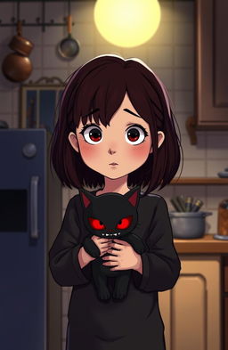 A 10-year-old girl with shoulder-length deep maroon hair, wearing a plain black pajama, holding a scary-looking black cat doll with red eyes