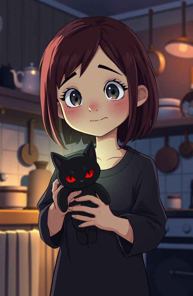 A 10-year-old girl with shoulder-length deep maroon hair, wearing a plain black pajama, holding a scary-looking black cat doll with red eyes