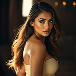 A sensual portrait of a beautiful woman with alluring features, long flowing hair, and captivating eyes